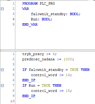 Przykładowy program obsługujący pracę falownika